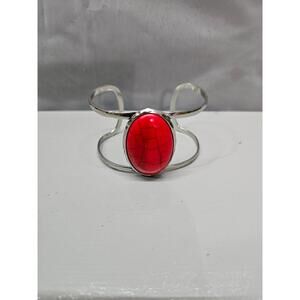 Red Oval Stone Silver Tone Adjustable Cuff Bracelet Boho Statement Jewelry